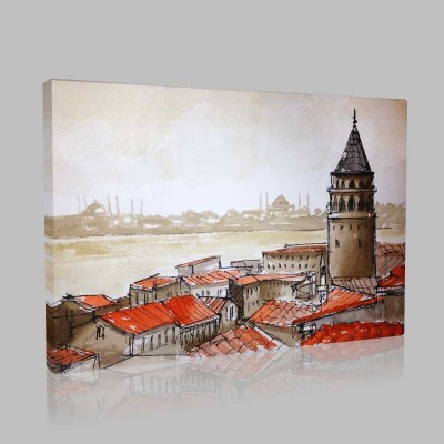 İstanbul İllustration With Galata Tower And Houses Kanvas Tablo