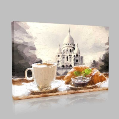 Paris Cafe With Croissants Against Sacre Coeur Basilica In France Kanvas Tablo